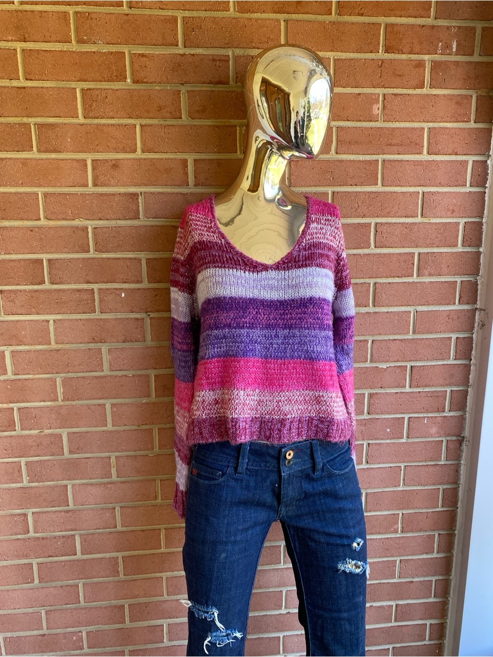 BONGO Pink Purple Space Dye Striped V-Neck Knit Sweater Size L